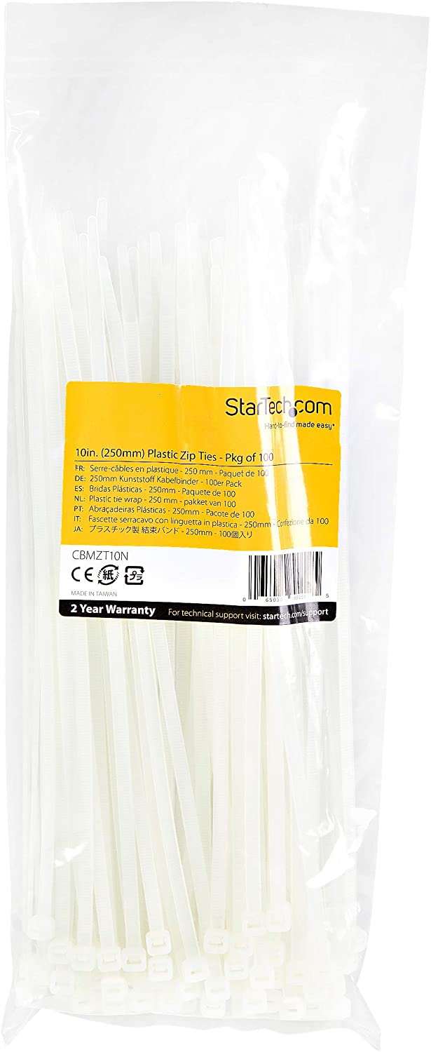 StarTech.com 10"(25cm) Cable Ties - 1/8"(4mm) Wide, 2-5/8"(68mm) Bundle Diameter, 50lb(22kg) Tensile Strength, Nylon Self Locking Zip Ties w/Curved Tip, 94V-2/UL Listed, 1000 Pack - White 10 in | 50 lbs (22kg) Standard w/Self Locking 1000