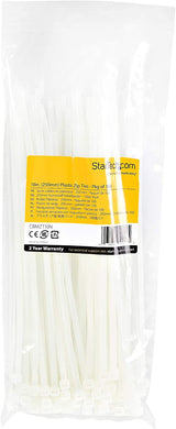 StarTech.com 10"(25cm) Cable Ties - 1/8"(4mm) Wide, 2-5/8"(68mm) Bundle Diameter, 50lb(22kg) Tensile Strength, Nylon Self Locking Zip Ties w/Curved Tip, 94V-2/UL Listed, 1000 Pack - White 10 in | 50 lbs (22kg) Standard w/Self Locking 1000