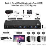 SIIG 4-Port 4K KVM Switch HDMI with Remote Control, 1x HDMI Output, 2X USB 3.2 Type-A Ports, EDID Bypass, Compatible with Windows and Mac (CE-KV0F11-S1)