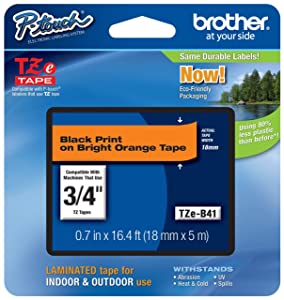 Brother Genuine P-touch TZE-B41 Tape, 3/4" (0.7") Wide Standard Laminated Tape, Black on Fluorescent Orange, Laminated for Indoor or Outdoor Use, Water-Resistant, 0.7" x 16.4' (18mm x 5M), TZEB41 Black on Fluorescent Orange 1 pack Tape