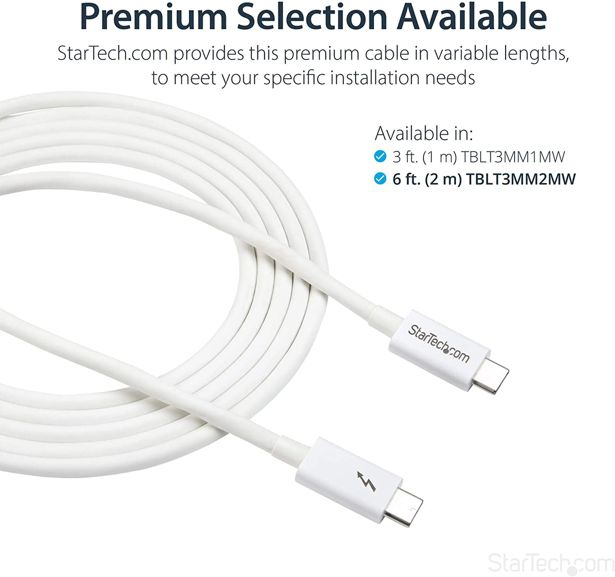 StarTech.com 20Gbps Thunderbolt 3 Cable - 6.6ft/2m - White - 4k 60Hz - Certified TB3 USB-C to USB-C Charger Cord w/ 100W Power Delivery (TBLT3MM2MW) 6ft 20Gbps | White