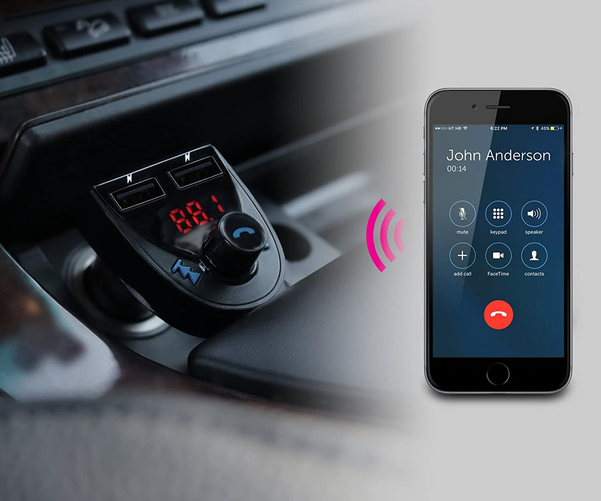Aluratek Bluetooth Car Audio Receiver and FM Transmitter with Mic for Hands-Free Calls (ABF01F), Blue