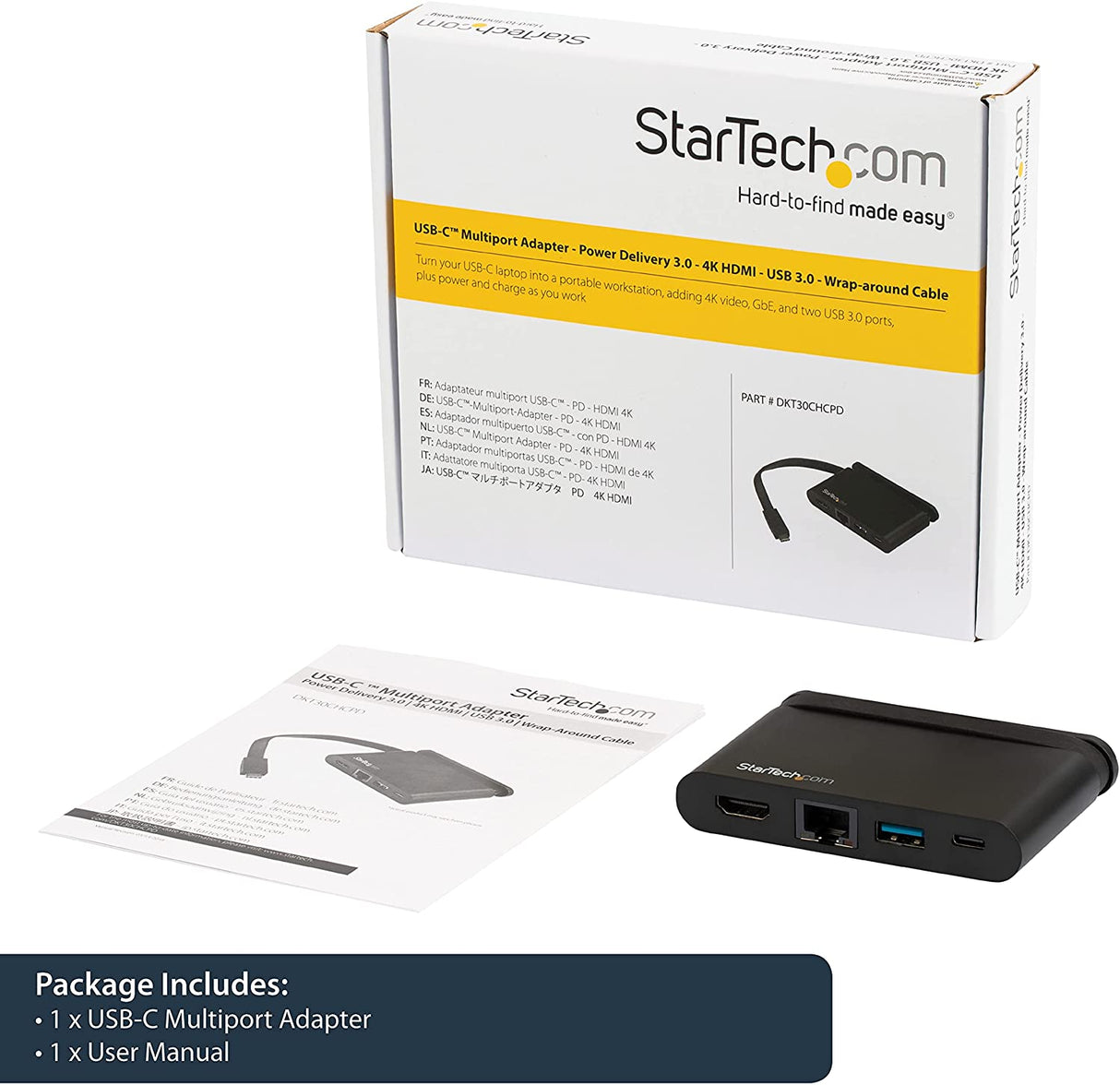 StarTech.com USB C Multiport Adapter - Portable USB-C Dock with 4K HDMI - 100W PD 3.0 Pass-Through, 1x USB-A, 1x USB-C, GbE - Thunderbolt 3 &amp; USB Type-C Laptop Travel Dock - Mac &amp; Windows (DKT30CHCPD) 100W Power Delivery | 1x USB-A 3.0 Fast Charge