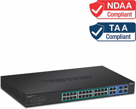 TRENDnet 28-Port Web Smart PoE+ Switch, 24 x Gigabit PoE+ Ports, 4 x Shared Gigabit Ports (RJ-45 or SFP), VLAN, QoS, LACP, IPv6 Support, 370W PoE Power Budget, Lifetime Protection, TPE-5028WS,Black
