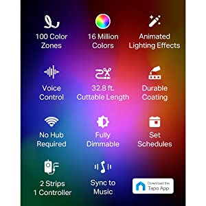 TP-Link Tapo Smart LED Light Strip, 100 Color Zones RGBIC, Sync-to-Sound, 32.8ft(2 Rolls of 16.4ft) Wi-Fi LED Strip Works w/Alexa &amp; Google, IP44 PU Coating, Trimmable, 2 Yr Warranty (Tapo L920-10) 32.8ft RGBIC