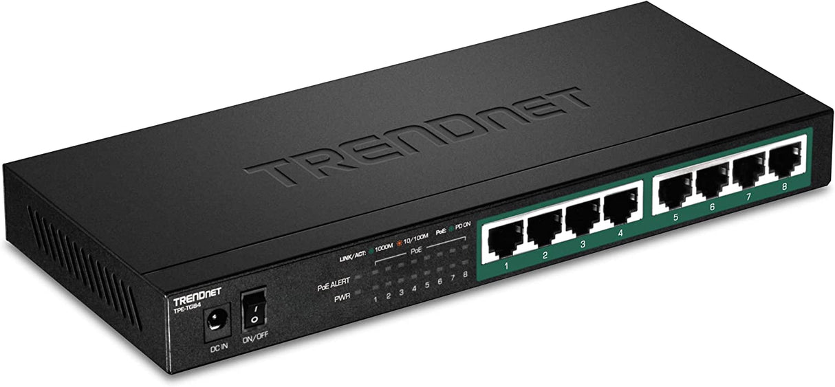 TRENDnet 8-Port Gigabit PoE+ Switch, 120W PoE Power Budget, 16Gbps Switching Capacity, IEEE 802.1p QoS, DSCP Pass-Through Support, Fanless, Wall Mountable, Lifetime Protection, Black, TPE-TG84