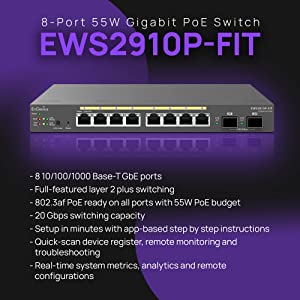 EnGenius Fit L2 Plus Managed EWS2910P-FIT 8-Port Gigabit PoE Switch with 55W Budget, 2 SFP Uplink Ports