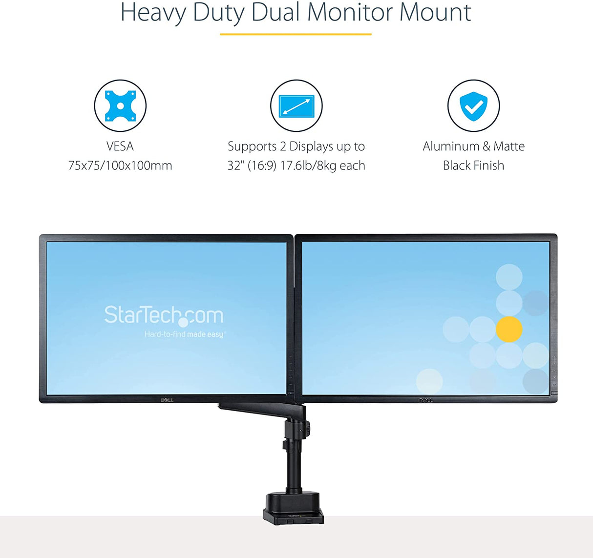 StarTech.com Desk Mount Dual Monitor Arm - Full Motion Monitor Mount for 2x VESA Displays up to 32" (17lb/8kg) - Vertical Stackable Arms - Height Adjustable/Articulating - Clamp/Grommet (ARMDUALPIVOT)