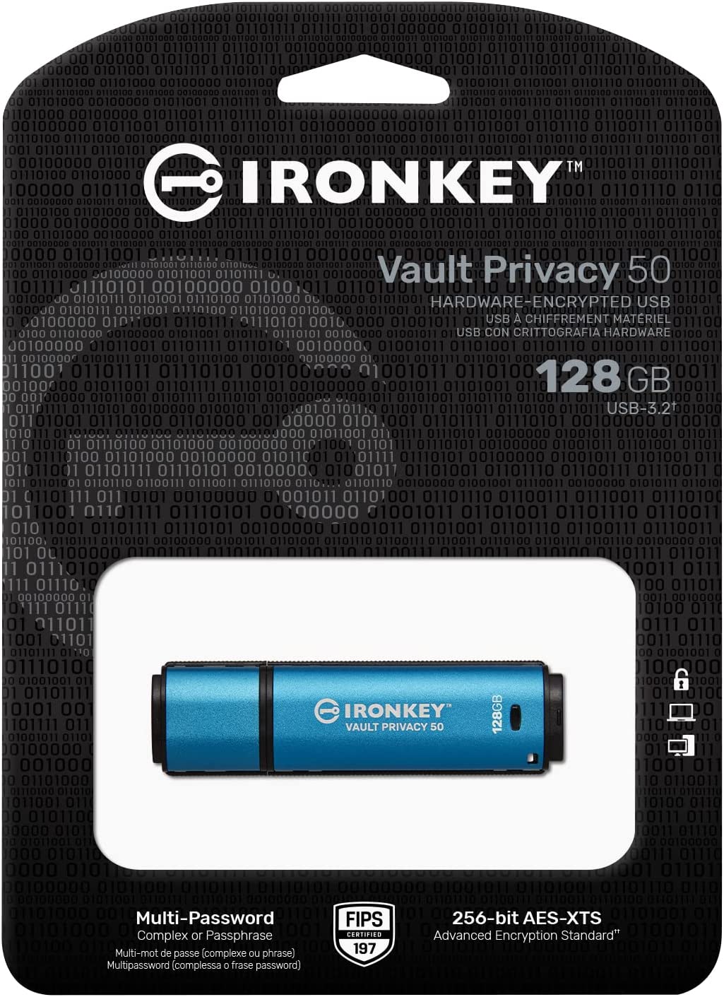 Kingston IronKey Vault Privacy 50 128GB Encrypted USB | FIPS 197 | AES-256bit | BadUSB Attack Protection | Multi-Password Options | IKVP50/128GB