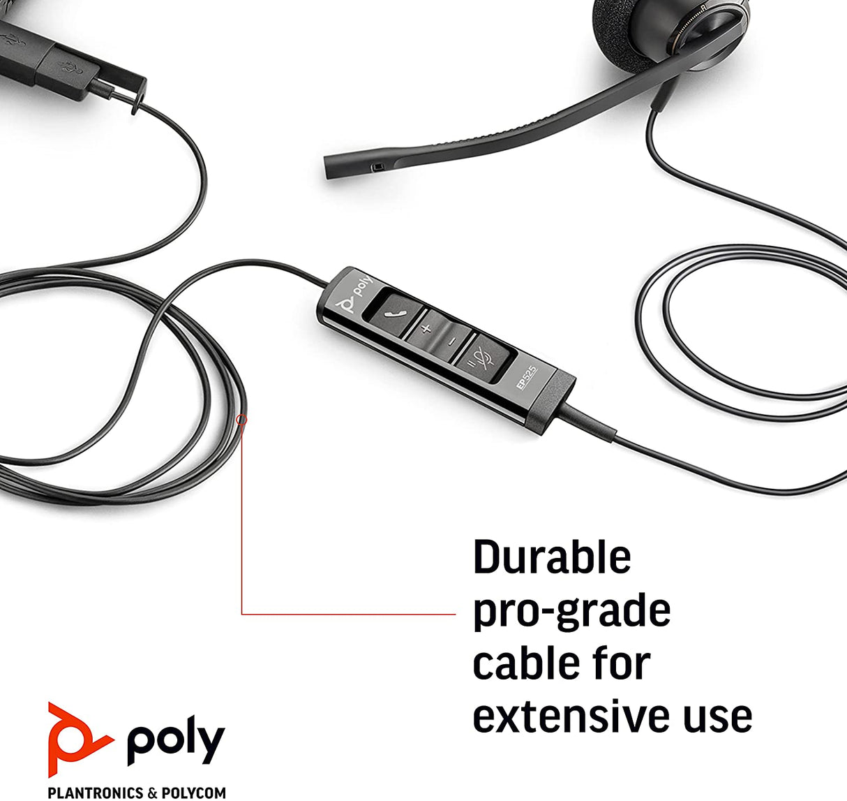 Poly - EncorePro 525 USB-A and USB-C USB Headset (Plantronics) - Acoustic Hearing Protection - Hold &amp; Call Answer Buttons - Dual Ear Wearing Style Standard Version Over-the-Head Dual Ear