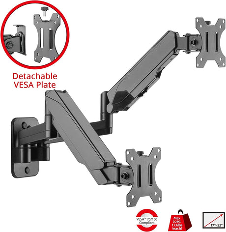 SIIG Aluminum Gas Spring Monitor Wall Mount with Dual Extended Arm - Heavy Duty Holds 17" to 32" Screens, Up to 17.6 lbs Each, VESA 75x75 or 100x100