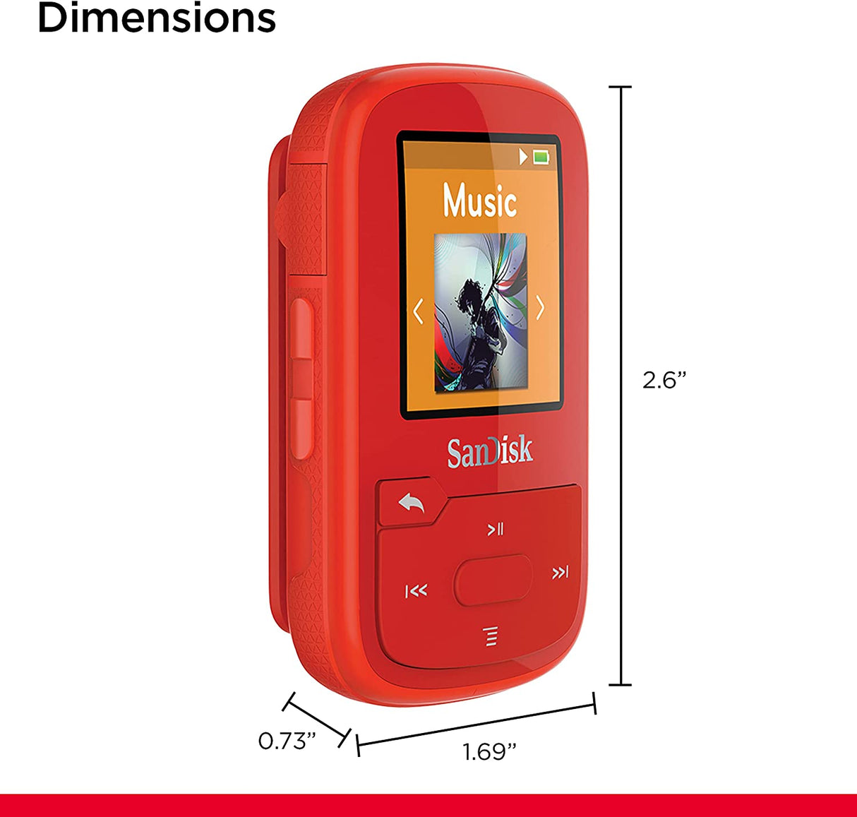 SanDisk 16GB Clip Sport Plus MP3 Player, Red - Bluetooth, LCD Screen, FM Radio - SDMX28-016G-G46R Red 16GB MP3 Player