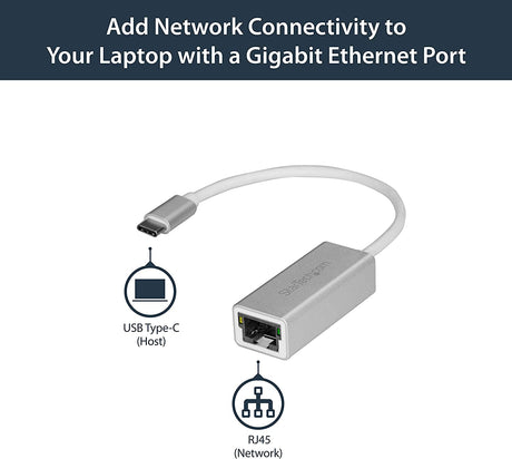 StarTech.com USB-C to Gigabit Ethernet Adapter - Aluminum - Thunderbolt 3 Port Compatible - USB Type C Network Adapter (US1GC30A) Silver