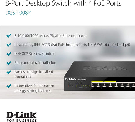 D-Link PoE Switch, 8 Port Ethernet Gigabit Unmanaged Desktop Switch with 4 PoE Ports 68W Budget (DGS-1008P),Black 8-Port PoE Gigabit