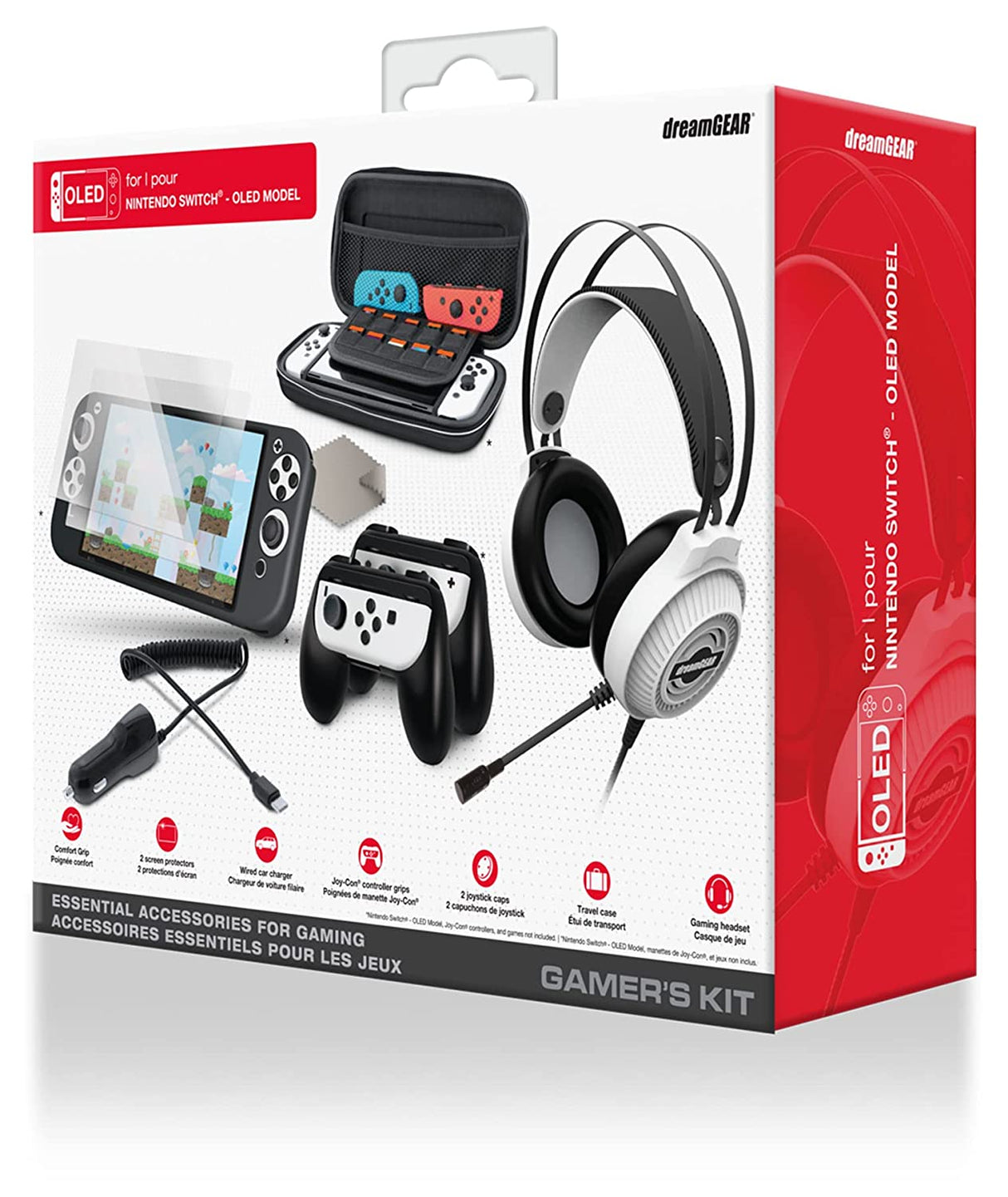 Dreamgear Gamers Kit for Nintendo Switch OLED: Wired Gaming Headset with 50mm Drivers, (2)Screen Protectors, Ergonomic Grip, Switch OLED Travel Case, Joy-Con Grips, and Car Charger