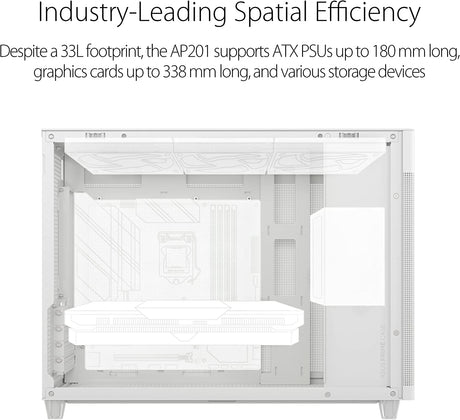 ASUS Prime AP201 33-Liter MicroATX White case with Tool-Free Side Panels and a Quasi-Filter mesh, with Support for 360 mm Coolers, Graphics Cards up to 338 mm Long, and Standard ATX PSUs