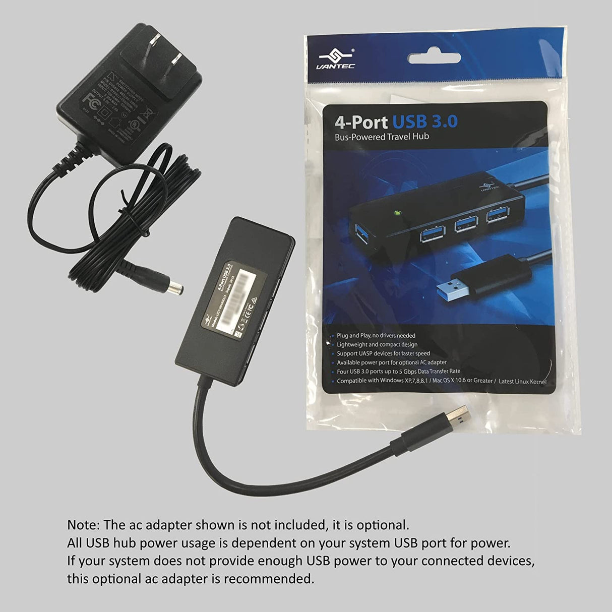 Vantec 4-Port USB 3.0 Bus-Powered Travel Hub (UGT-MH400U3),Black