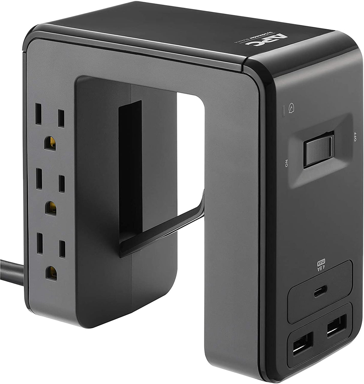 APC Desk Mount Power Station PE6U21, U-Shaped Surge Protector with USB Ports (3), Desk Clamp, 6 Outlet, 1080 Joules Black Black 3 USB Charging Ports (Type C &amp; Type A) Outlet