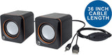 Manhattan USB Powered Stereo Speaker System - Small Size - with Volume Control &amp; 3.5 mm Aux Audio Plug to Connect to Laptop, Notebook, Desktop, Computer - 3 Yr Mfg Warranty - Black Orange, 161435
