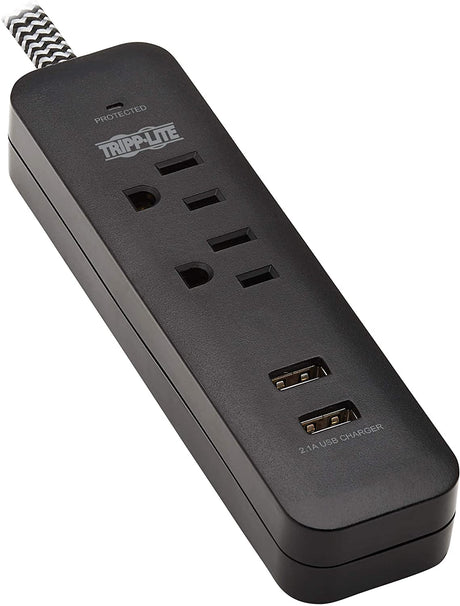 Tripp Lite Surge Protector Power Strip 2-Outlet w 2 USB Ports 2.1A 6ft Cord, 5-15P Plug, 450 Joules, Black (TLP206USB)