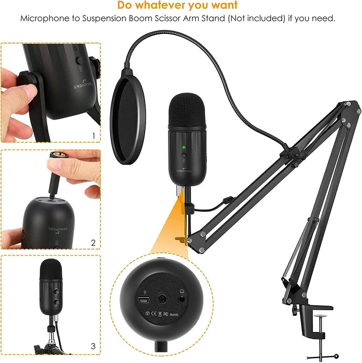 Ergopixel USB Microphone for PC, Mac, Gaming, Streaming, Podcasting, Studio with A Live Monitoring, Gain Controls, A Mute Button for Podcasting, Plug and Play – Blackout