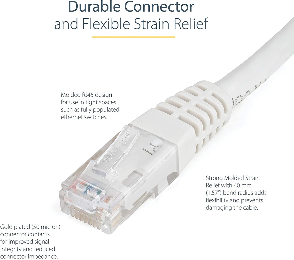 StarTech.com 1ft CAT6 Ethernet Cable - White CAT 6 Gigabit Ethernet Wire -650MHz 100W PoE++ RJ45 UTP Molded Category 6 Network/Patch Cord w/Strain Relief/Fluke Tested UL/TIA Certified (C6PATCH1WH) White 1 ft / 0.3 m 1 Pack