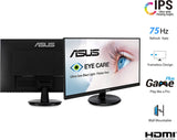 ASUS VA24DQ 23.8” Monitor, 1080P Full HD, 75Hz, IPS, Adaptive-Sync/FreeSync, Eye Care, HDMI DisplayPort VGA, Frameless, VESA Wall Mountable 24" IPS FHD 75Hz w/DisplayPort, Speakers