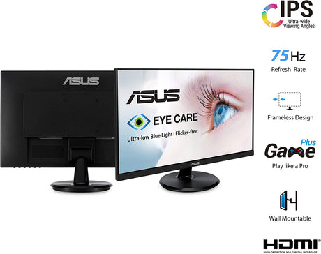 ASUS VA24DQ 23.8” Monitor, 1080P Full HD, 75Hz, IPS, Adaptive-Sync/FreeSync, Eye Care, HDMI DisplayPort VGA, Frameless, VESA Wall Mountable 24" IPS FHD 75Hz w/DisplayPort, Speakers