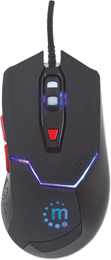 Manhattan Wired Gaming Mouse – 800 / 1200 / 1600 / 2400 Adjustable DPI Resolution – Ergonomic Grip Shape &amp; Color LED Lights - Red / Black, 176071