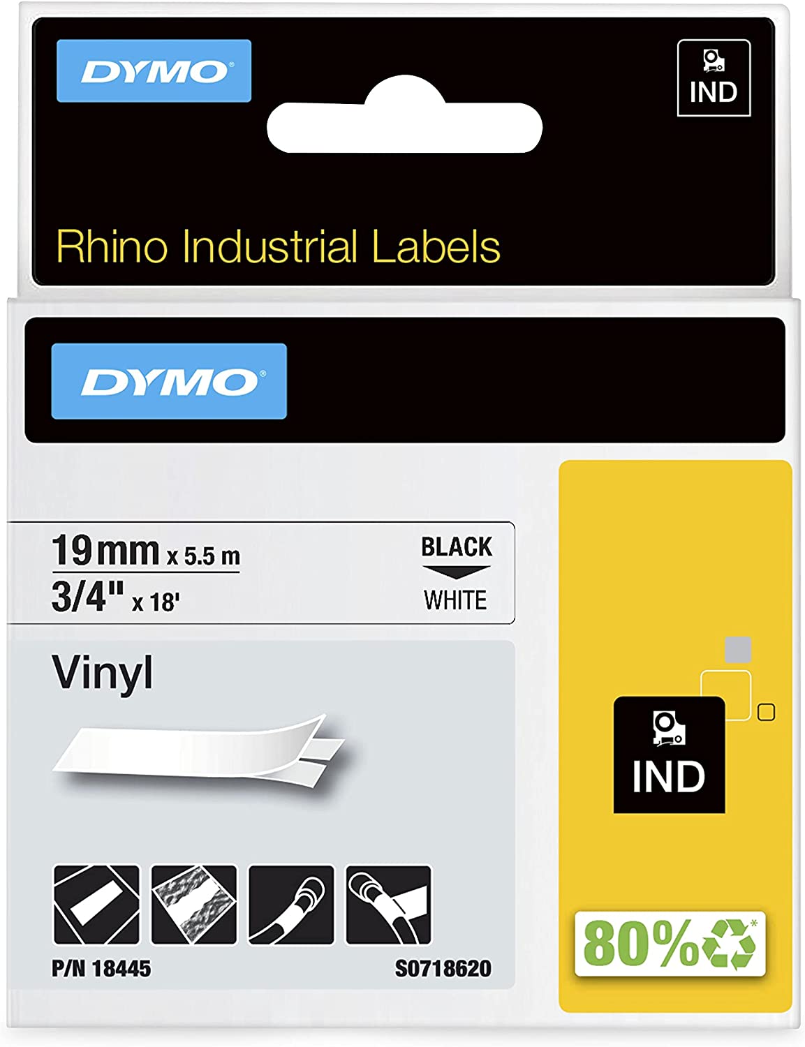 DYMO - V150009-18445 3/4" White Vinyl Labels Black on White 3/4" (19MM) Black on White