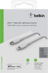 Belkin USB-C to Lightning Cable (iPhone Fast Charging Cable for iPhone 8 or Later) Boost Charge MFi-Certified iPhone USB-C Cable, 3ft/1m, White, Model Number: CAA003bt1MWH PVC 3.3 ft White
