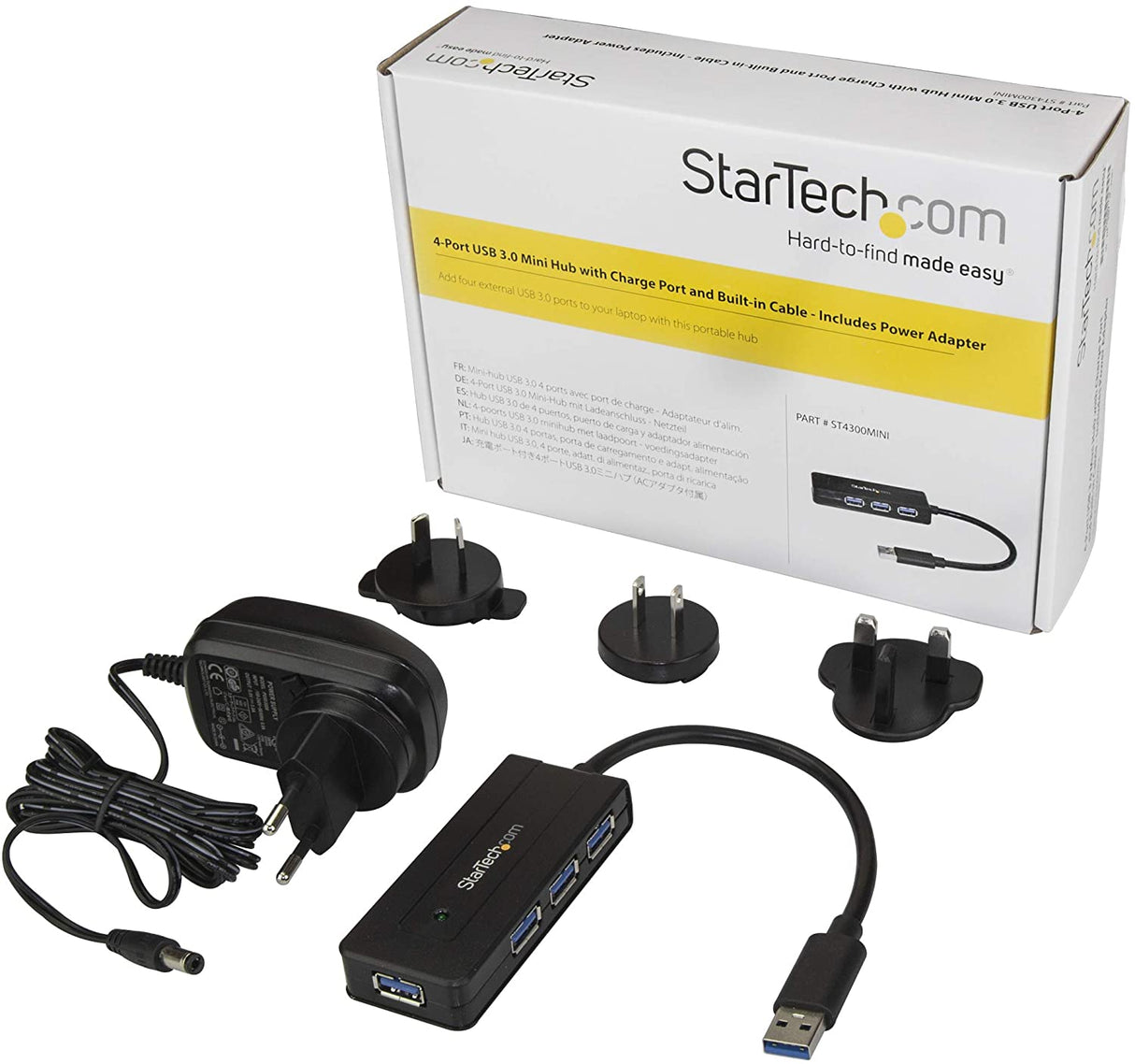 StarTech.com 4 Port USB 3.0 Hub SuperSpeed 5Gbps with Fast Charge Portable USB 3.1 Gen 1 Type-A Laptop/Desktop Hub - USB Bus Power or Self Powered for High Performance Mini/Compact (ST4300MINI), Black 4 x USB-A with Power Adapter Black
