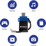 Verbatim Store 'n' Go USB Flash Drive 3.0, Dual USB, USB C and USB A, 16GB, Blue 16 GB