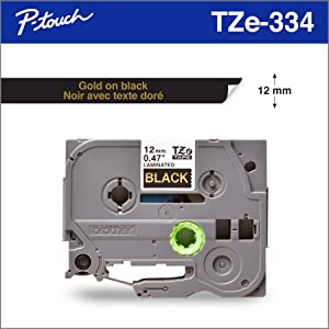 Brother Genuine P-Touch TZE-334 Tape, 1/2" (0.47") Wide Standard Laminated Tape, Black on Gold, Laminated for Indoor or Outdoor Use, Water-Resistant, 0.47" x 26.2' (12mm x 8M), Single-Pack, TZE334
