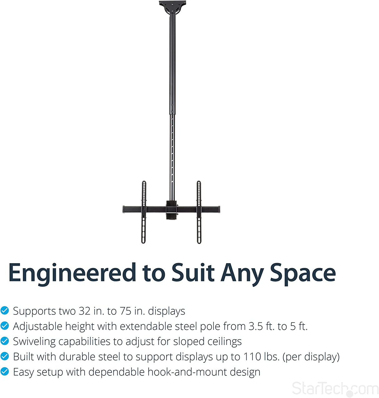 StarTech.com Ceiling TV Mount - 3.5' to 5' Pole - Full Motion - Supports Displays 32” to 75" - For VESA Mount Compatible TVs (FLATPNLCEIL)