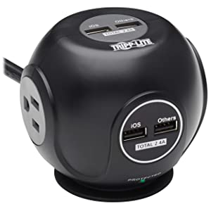 Tripp Lite Safe-IT Conference Room Surge Protector, 3-Outlets &amp; 4 USB Ports, 8 Foot / 2.4M Cord, 10,000 Insurance &amp; Limited Life Manufacturer's Warranty (TLP38UAM) Sphere 3-Outlets + 4 USB