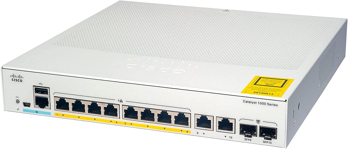 Cisco Catalyst 1000-8FP-2G-L Network Switch, 8 Gigabit Ethernet (GbE) PoE+ Ports, 120W PoE Budget, 2 1G SFP/RJ-45 Combo Ports, Fanless Operation, Enhanced Limited (C1000-8FP-2G-L)