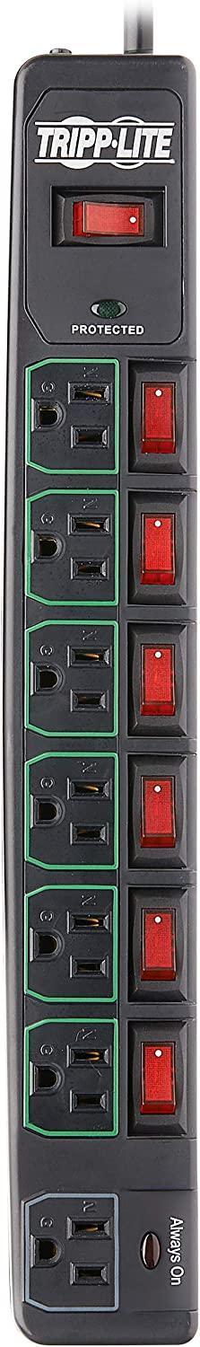 Tripp Lite 7 Outlet (6 Individually Controlled) Surge Protector Power Strip, 6ft Cord, Black, Lifetime Limited Warranty &amp; $25K Insurance (TLP76MSGB) 7 Outlet (Black) + Outlet Control Outlet