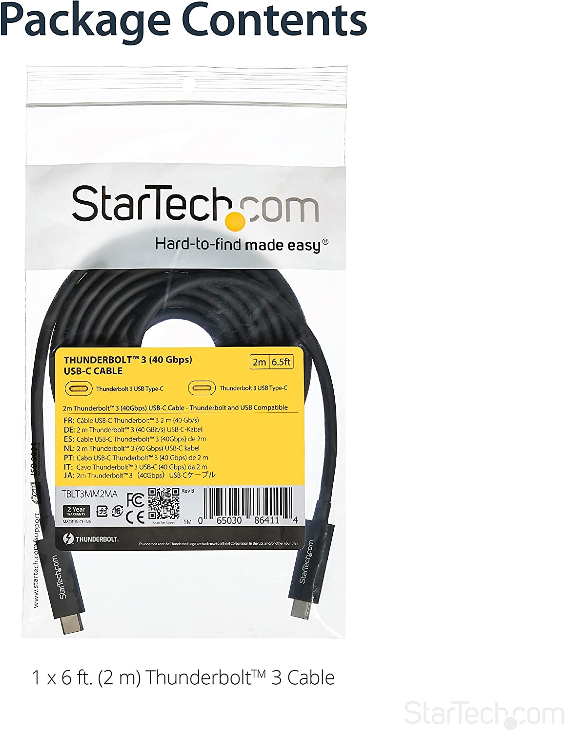 StarTech.com Thunderbolt 3 Cable - 6 ft / 2m - 4K 60Hz - 40Gbps - USB C to USB C Cable - Thunderbolt 3 USB Type C Charger (TBLT3MM2MA) 6ft 40Gbps | Black