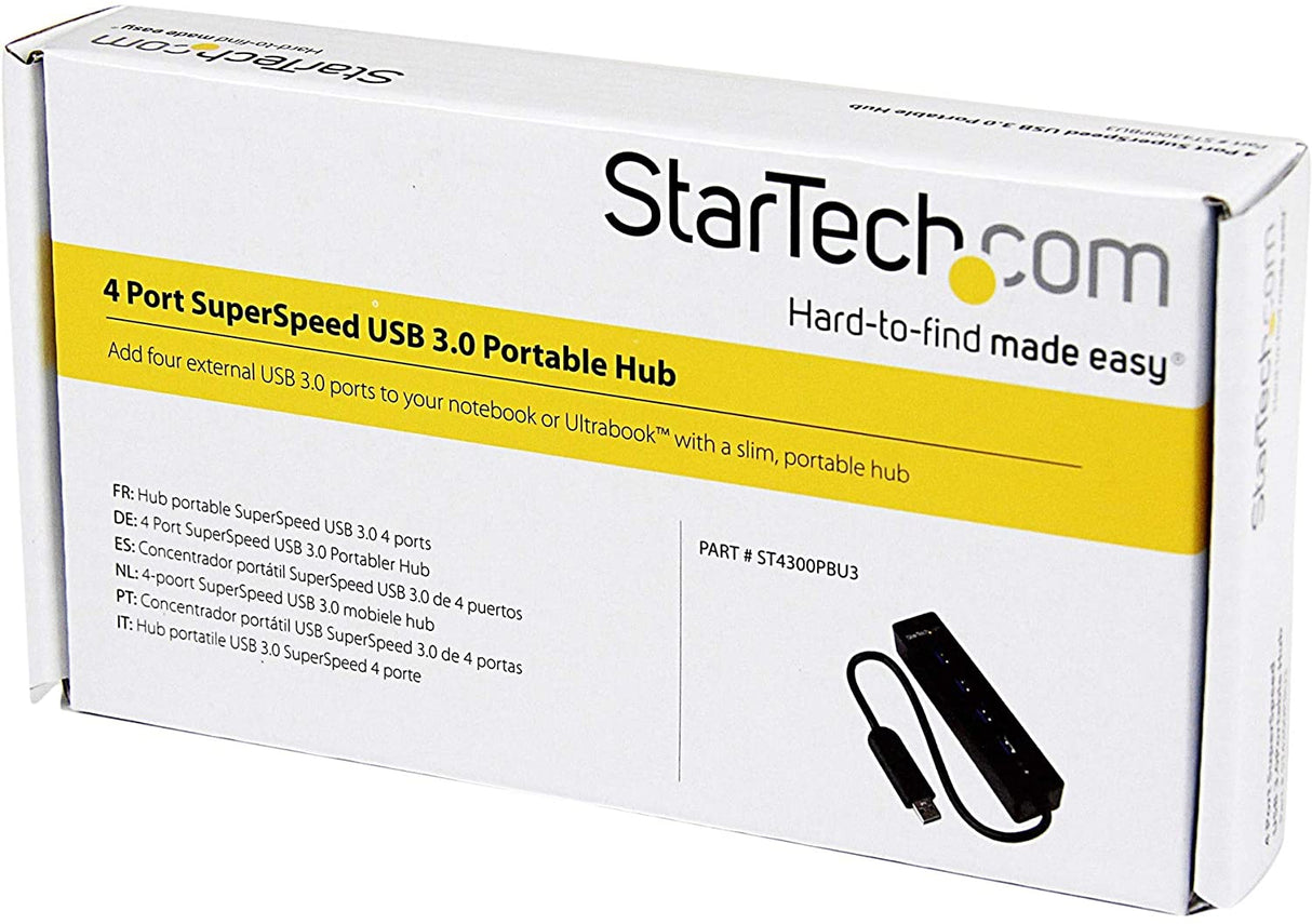 StarTech.com 4-Port USB 3.0 Hub with Built-in Cable - SuperSpeed Laptop USB Hub - Portable USB Splitter - Mini USB Hub (ST4300PBU3), Black 4 x SuperSpeed USB-A with Built in Cable Black