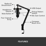 Logitech Blue Yeticaster Pro Broadcast Bundle with Yeti USB Microphone for Gaming, Recording, Streaming, Podcasting, Radius III Shockmount, Compass Mic Boom Arm, Blue VO!CE - Blackout