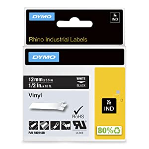 DYMO Industrial Labels for DYMO Industrial Rhino Label Makers, White on Black, 1/2", 1 Roll (1805435) White on Black 1/2" (12MM) Makers