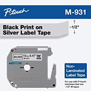 Brother Genuine P-touch M-931 Tape, 1/2" (0.47") Wide Standard Non-Laminated Tape, Black on Silver, Recommended for Home and Indoor Use, 0.47" x 26.2' (12mm x 8M), Single-Pack, M931 Silver Tape