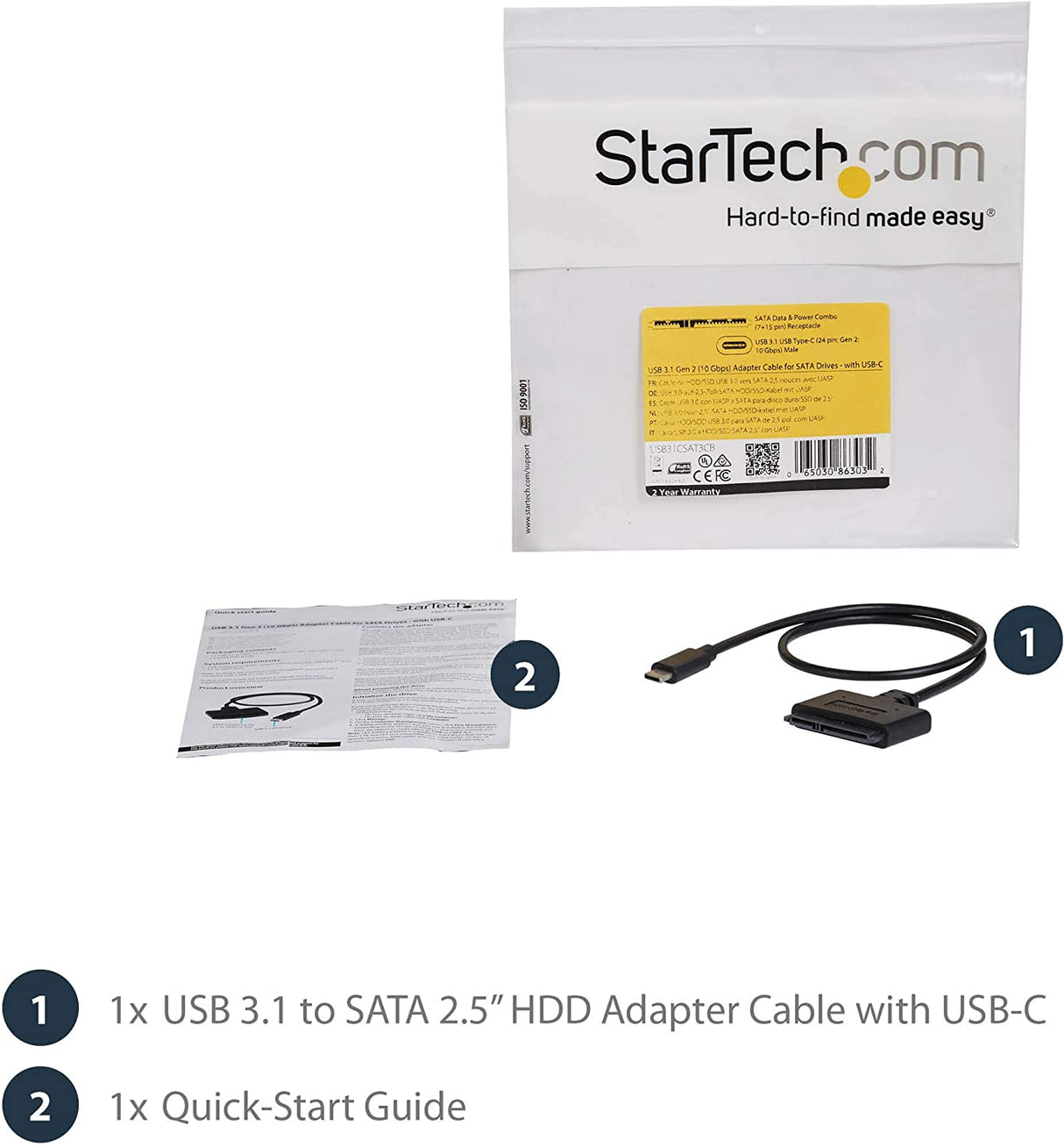 StarTech.com USB C to SATA Adapter - External Hard Drive Connector for 2.5'' SATA Drives - SATA SSD / HDD to USB C Cable (USB31CSAT3CB) Black 2.5" Cable