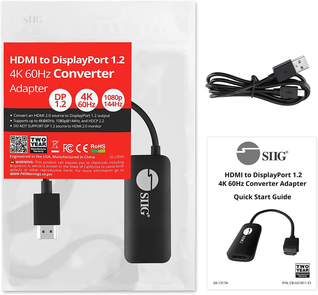 SIIG HDMI to DisplayPort 1.2 4K60Hz Converter Adapter, for HDMI Source to DP Display, 4K60Hz/1080p144Hz, HDR, HDCP 2.2, Stereo Audio, Portable USB-Powered Plug and Play (CB-H21811-S1)