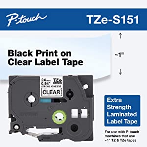 Brother Extra Strength Tape, Laminated Black on Clear, 24mm (Tzes151) - Retail Packaging Laminated Black on Clear 24mm