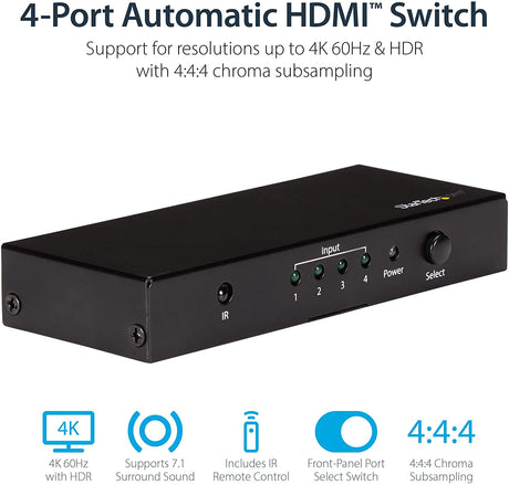 StarTech.com HDMI 2.0 Switch - 4 Port - 4K 60Hz - HDMI Automatic Video Switch Box - Multi Port Hub w/ 1 In 4 Out Functionality (VS421HD20)