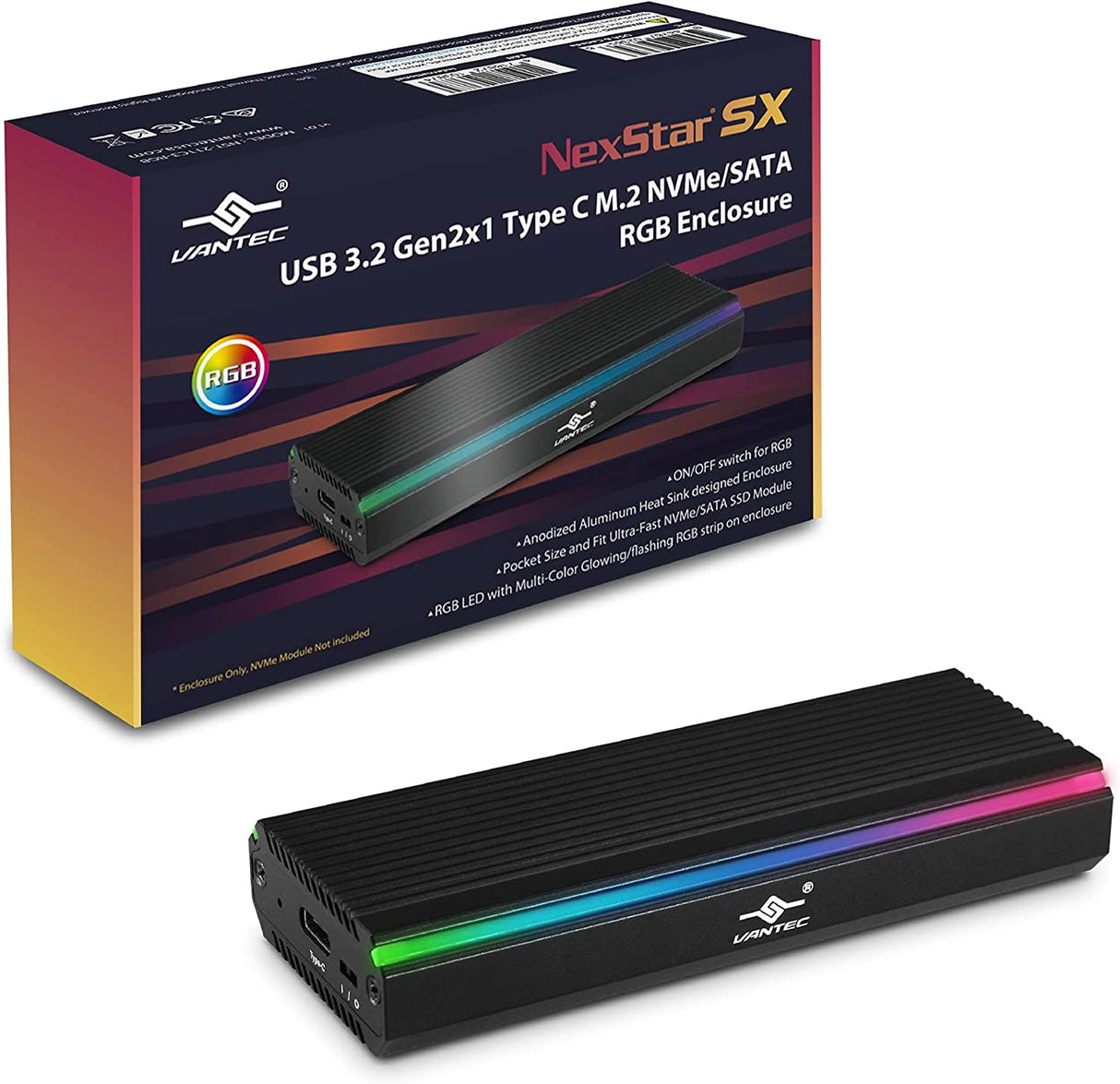 Vantec NexStar SX, USB 3.2 Gen2x1 Type C RGB Enclosure for M.2 NVMe or M.2 SATA, Multi-Color RGB, Pocket Size, Anodized Aluminum, toolless Mount, UASP, No Drivers Needed (NST-211C3-RGB)