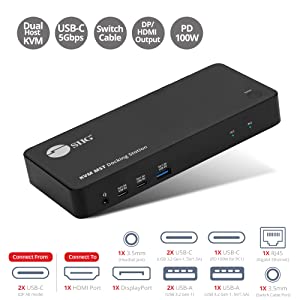 SIIG USB-C 2-Port KVM Switch MST Docking Station with PD 65W, for 2 Monitors 2 Computers, 1x HDMI 1x DisplayPort, Gigabit Ethernet, Headset Jack (CE-DK0111-S1)