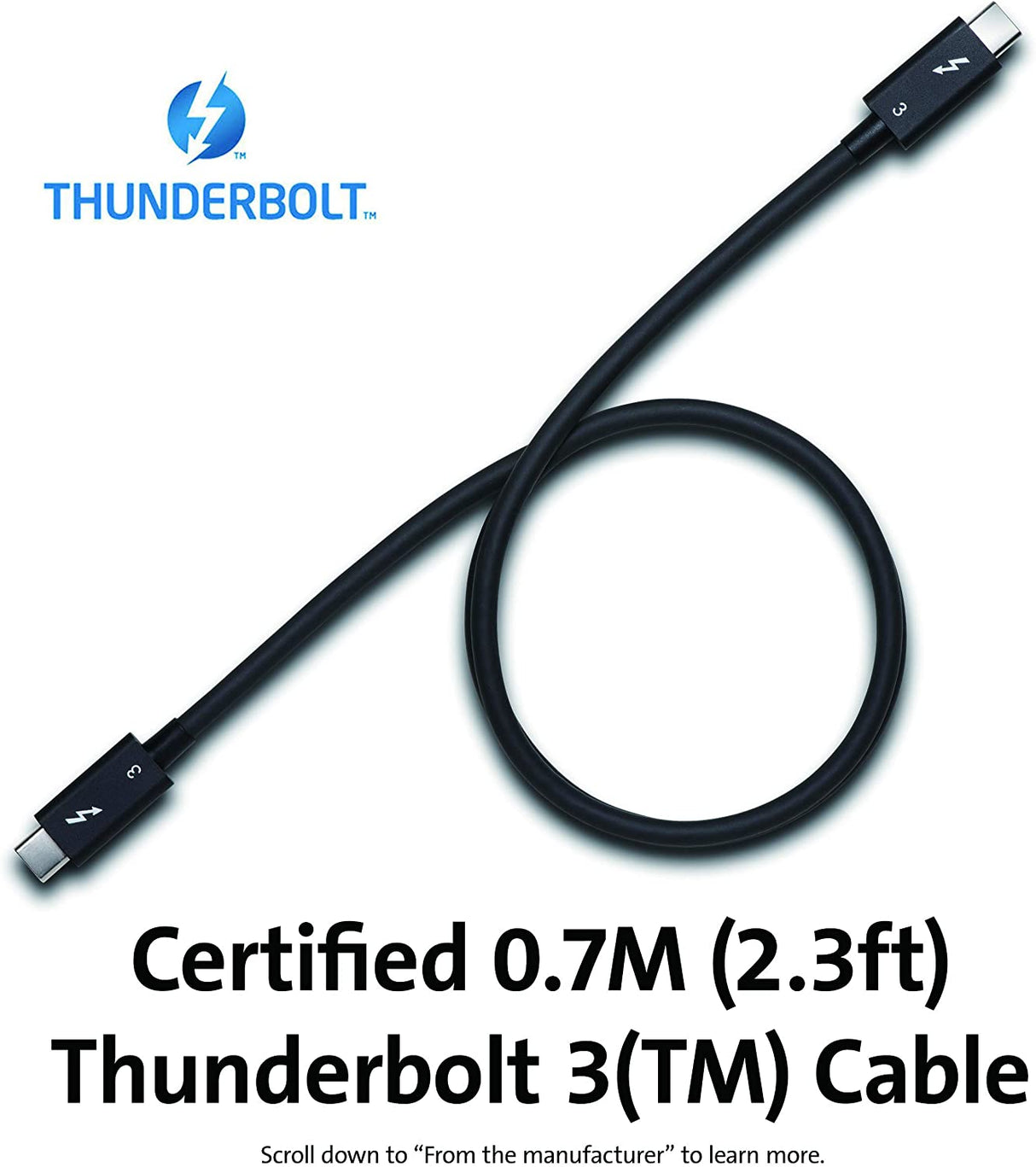 Kensington 0.7M (2.3ft) Thunderbolt 3 Cable – 40Gbps – 100W PD – Certified TB3 – USB-C Compatible (K32300WW)